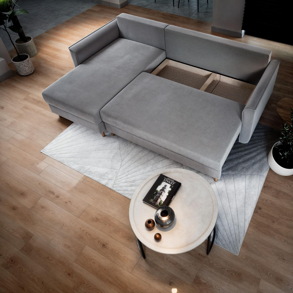 ECKSOFA PISAN R-S Hellgrau Plüsch-Stoff mit Schlaffunktion - Hellgrau, Holz (220/140cm) - MASSENO
