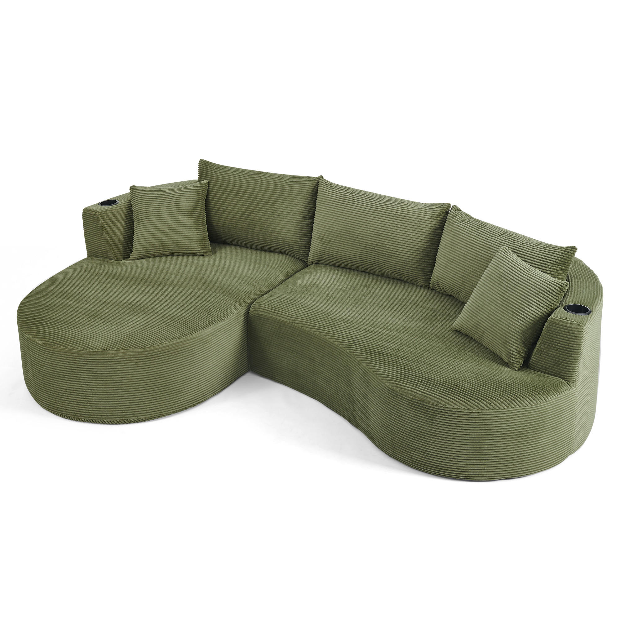 3-SITZER ECKSOFA Cord Grün mit Getränkehaltern und mit Kissen - Grün, Textil (264/168cm) - WISHDOR