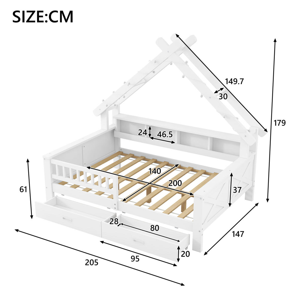 HAUSBETT 140/200 cm Weiß mit LED und Stauraum - Weiß, Holz (140/200cm) - MIVRAY