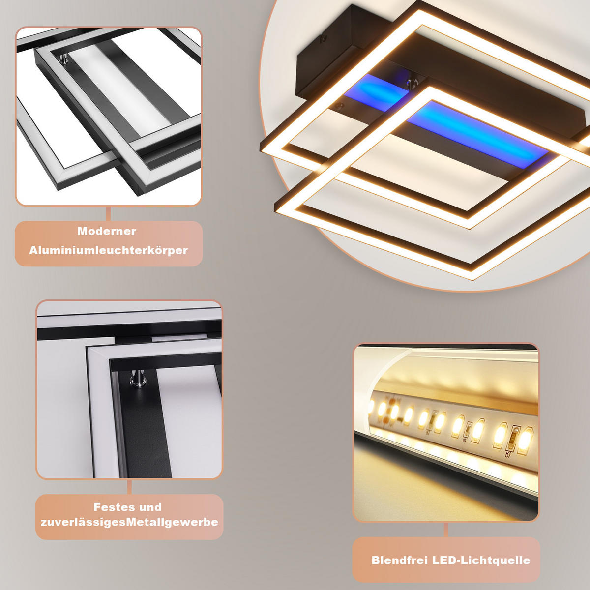 LED-DECKENLEUCHTE Jovarn 37/37/7.5 cm - Schwarz, Metall (37/37/7.5cm) - ZMH