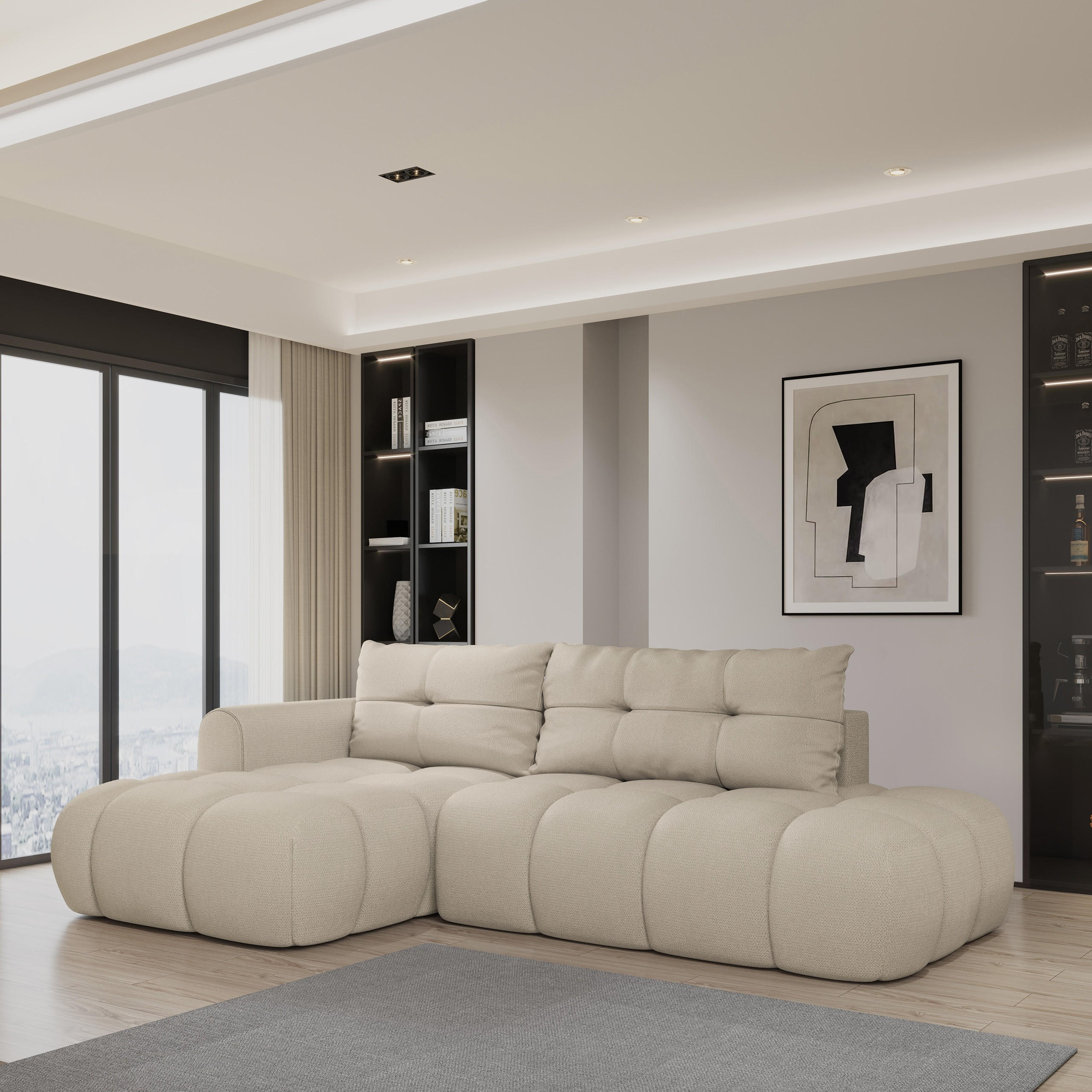 ECKSOFA FLUMA L-S Beige Geflochtener Stoff mit Schlaffunktion - Beige, Holz (274/165cm) - MASSENO