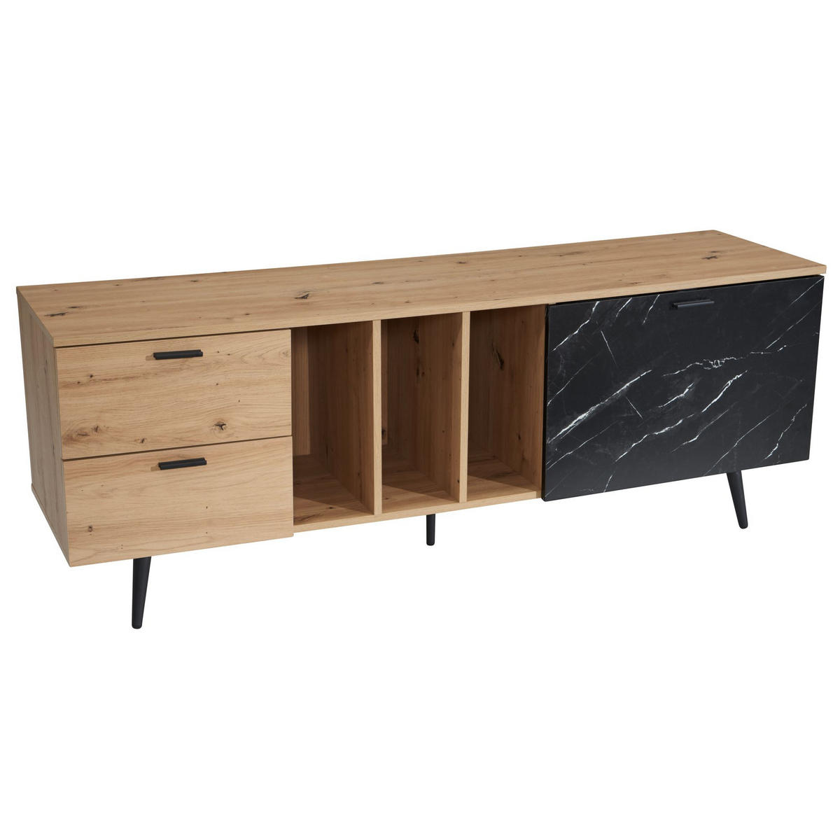 TV-LOWBOARD mit Eiche-Dekor, Tür und Schubladen, kompakte Aufteilung, Braun-Schwarz/Marmoroptik 150x40x55 cm - Schwarz/Braun, Holzwerkstoff/Metall (150/55/40cm) - KADIMA DESIGN