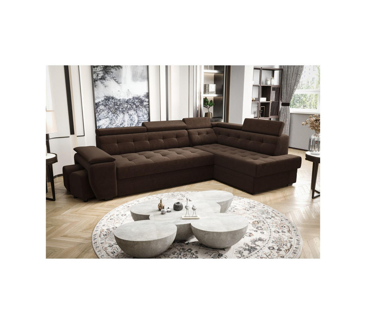 ECKSOFA KONGO RBN15, Eckcouch in L-Form mit Schlaffunktion, Farbe: Dunkelbraun, Velourstoff, Ottomane Rechts - Dunkelbraun, Textil (277/180cm) - O-Sofa