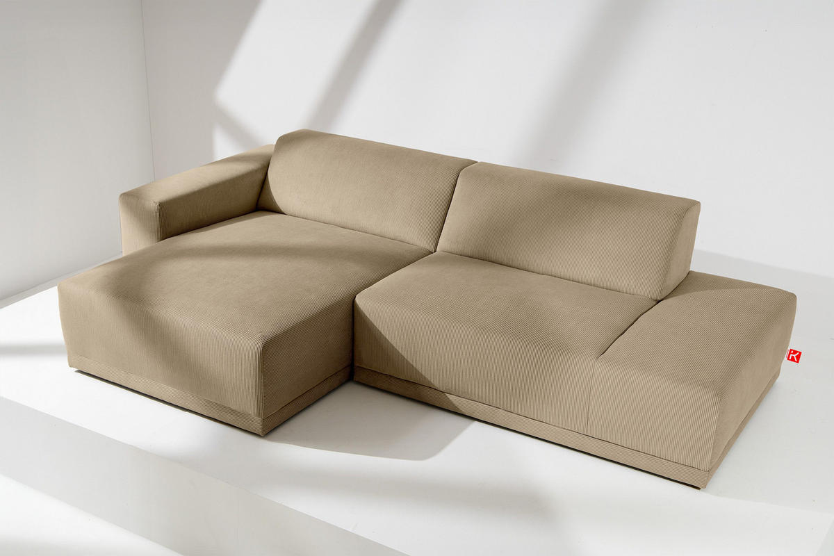 ECKSOFA-LINKS MUDI in moderner Optik mit hochwertigem Kaltschaum, Cord-Stoff, beige - Beige/Schwarz, Textil (280/160cm) - KONSIMO®