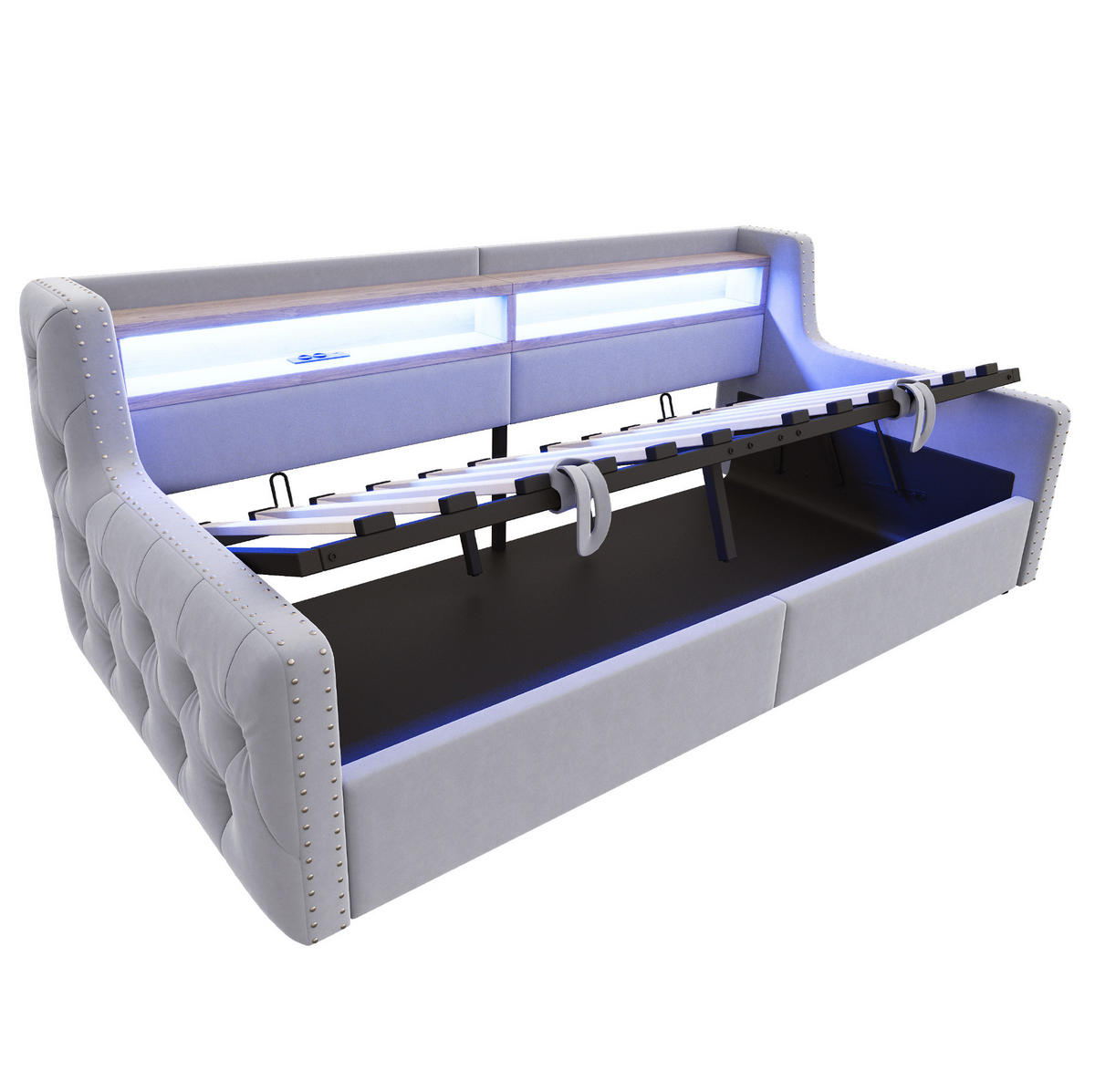 POLSTERBETT 90/200 cm aus Samt mit LED-Beleuchtung, Hellgrau - Hellgrau, Textil (90/200cm) - OKMYHOME