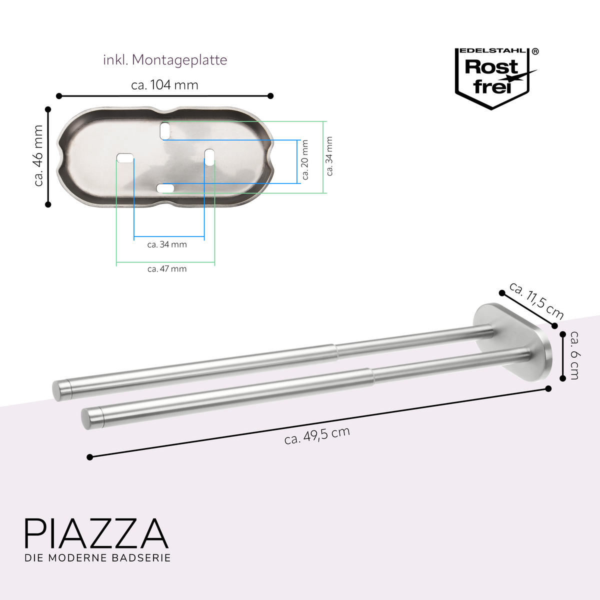 HANDTUCHHALTER PIAZZA 2-armig, Edelstahl - Edelstahlfarben, Metall (6/6/50cm) - bremermann