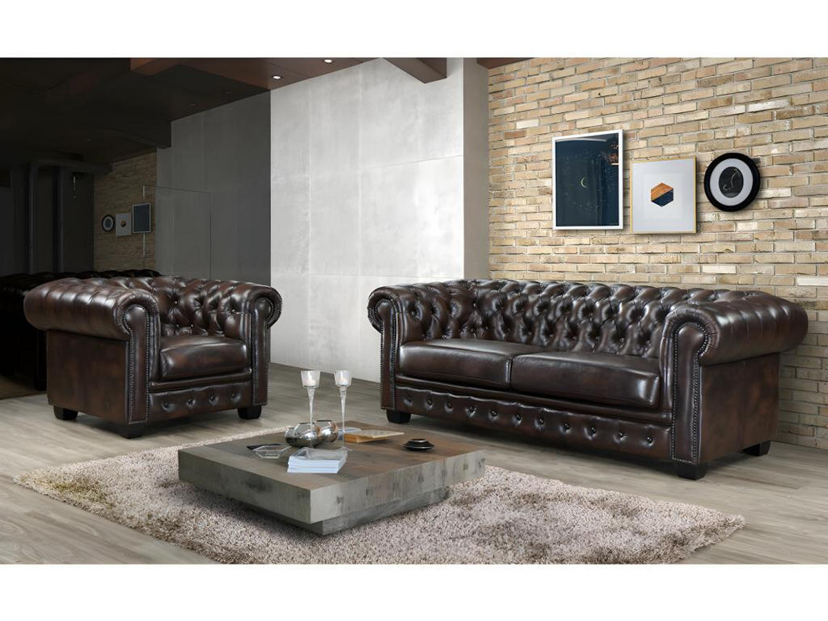 CHESTERFIELD Ledersessel - Büffelleder - Braun - BRENTON - Dunkelbraun, Leder (96/73/105cm) - Vente-Unique
