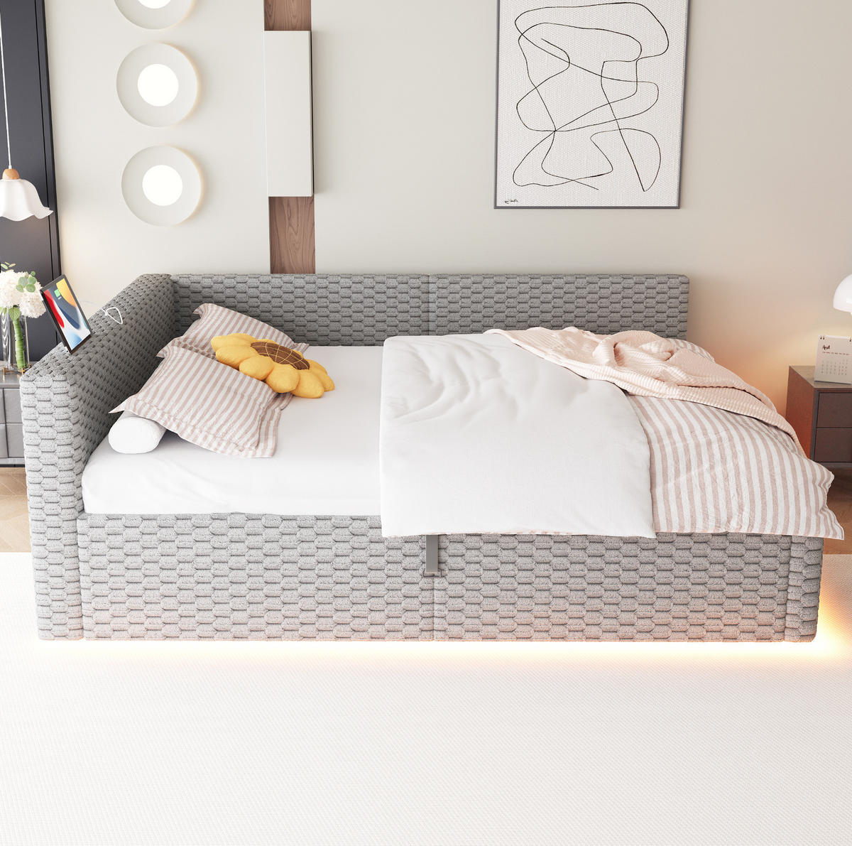 TAPECIRANI krevet 140/200 cm s LED osvjetljenjem, USB i Type-C priključkom te hidrauličnim spremištem, Siva - siva, tekstil (140/200cm) - Redom