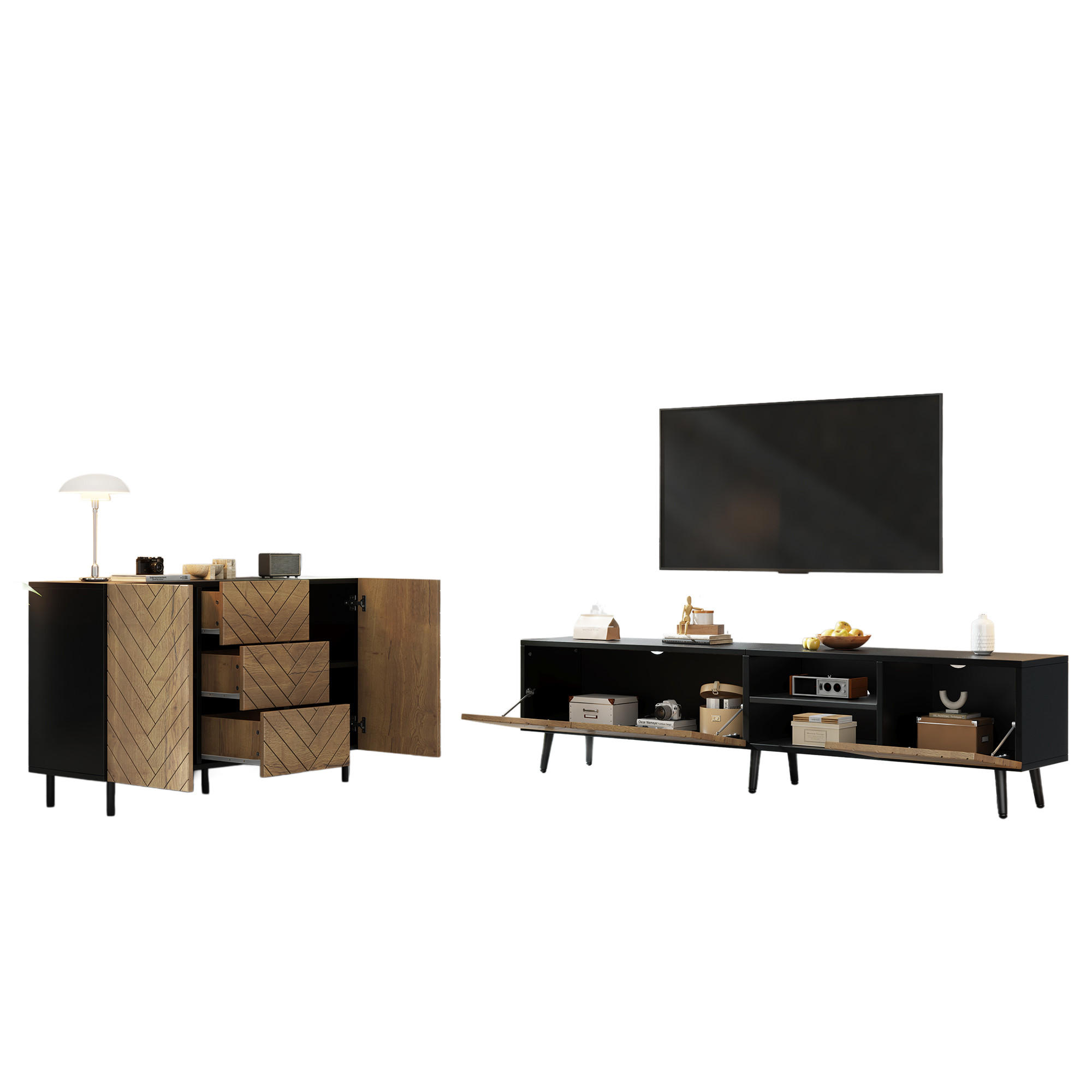 WOHNZIMMER-SET in Holzfarbe Wohnzimmermöbelset mit Lowboard und Sideboard für Wohnzimmer - Schwarz/Naturfarben, Holzwerkstoff/Metall (180/45/33.5cm) - STILVORA