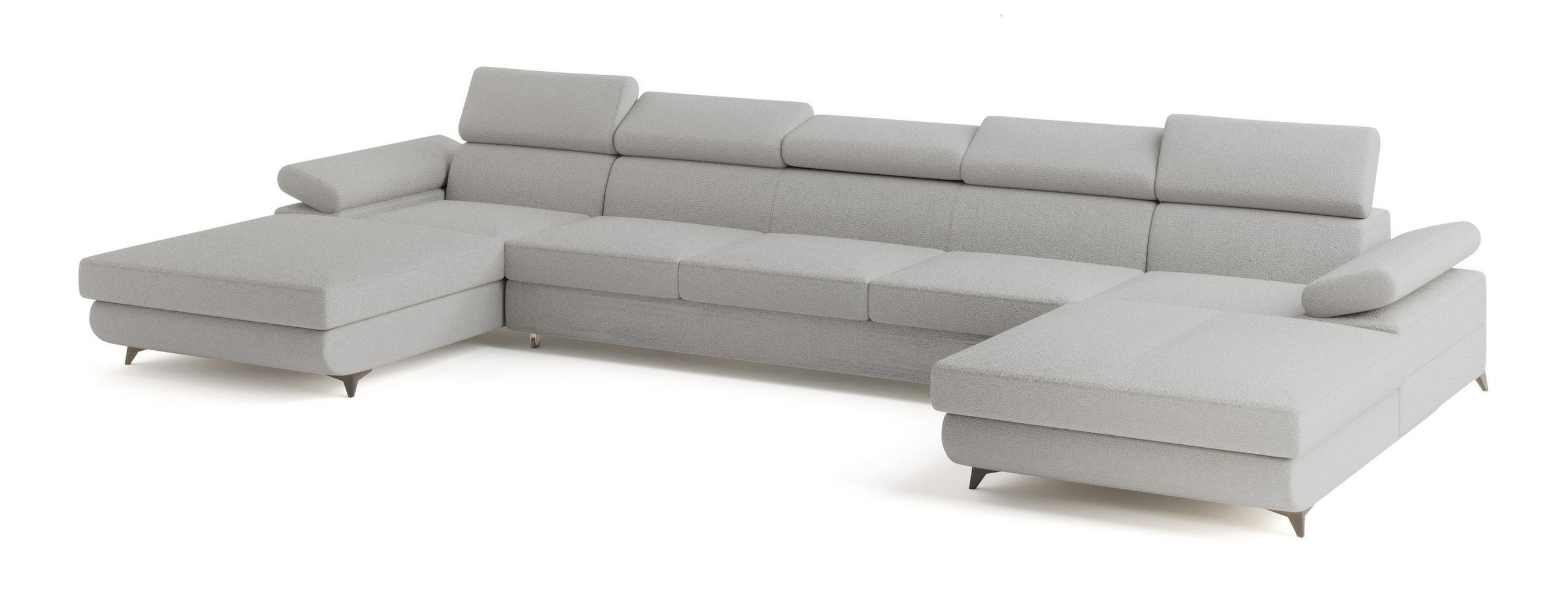 WOHNLANDSCHAFT VIVENTE Hellgrau Boucle-Stoff mit Schlaffunktion - Hellgrau, Holz (410/89/190cm) - MASSENO