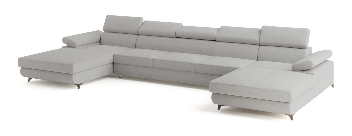 WOHNLANDSCHAFT VIVENTE Hellgrau Boucle-Stoff mit Schlaffunktion - Hellgrau, Holz (410/89/190cm) - MASSENO