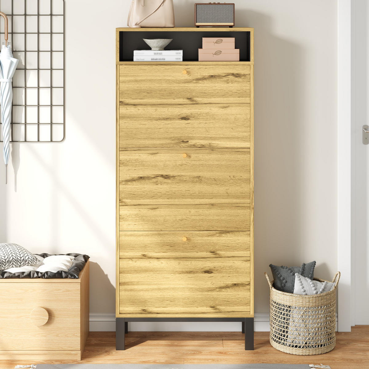 SCHUHSCHRANK hoch schmal 3 Klappen 147 cm - Naturfarben, Holz (63/147/24cm) - LEBENLANG