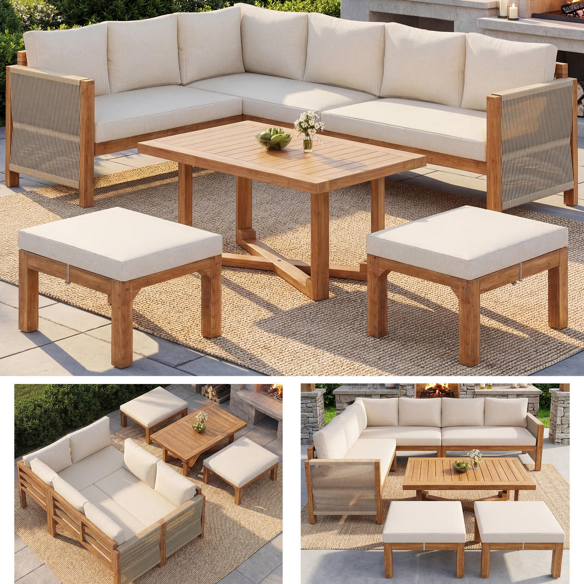 GARTENLOUNGE Akazienholz 6 Sitzer Ecksofa Kissen Tisch Hocker - Beige, Holz - FLIEKS