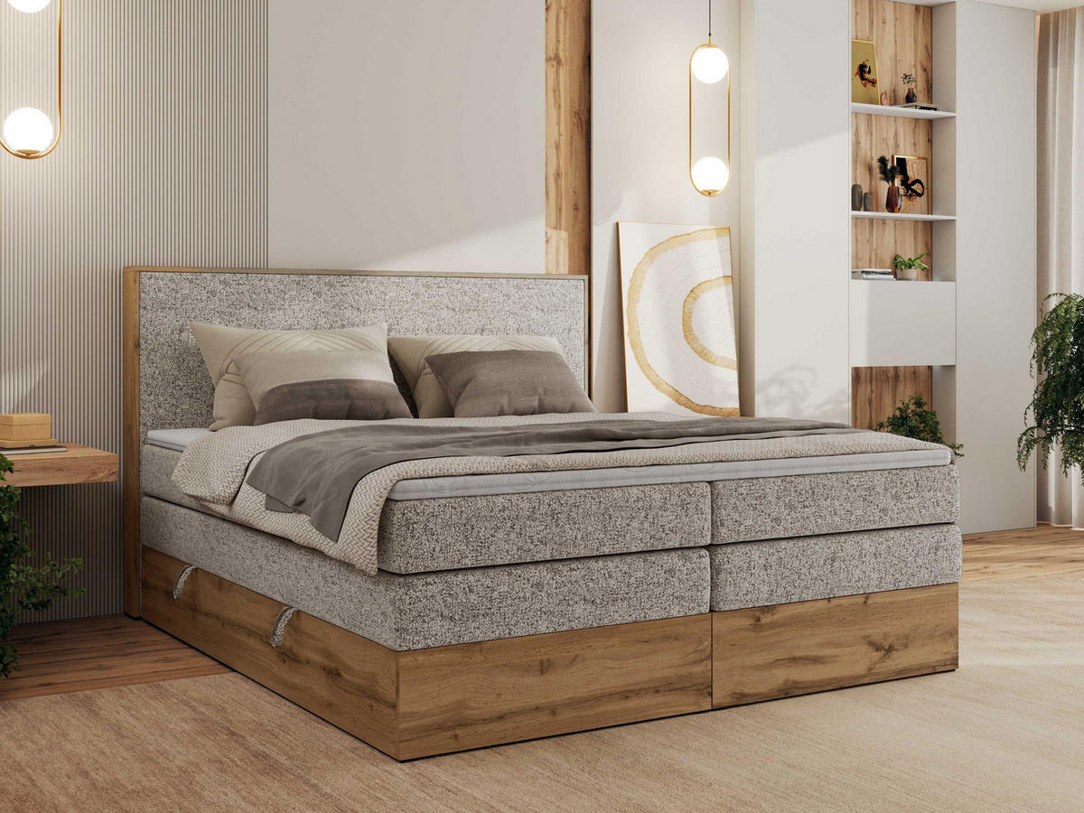 BOXBETT WOOD CLASSIC KING 160/200 - Beige Strukture - H4 - Beige, Textil (160/200cm) - MKS