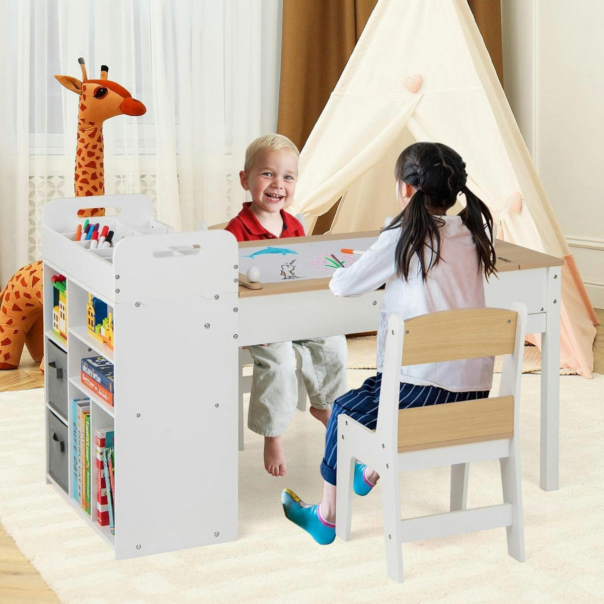 KINDERTISCH mit 2 Stühlen 3-teiliges Set Natur - Weiß, Holz (60/60/120cm)