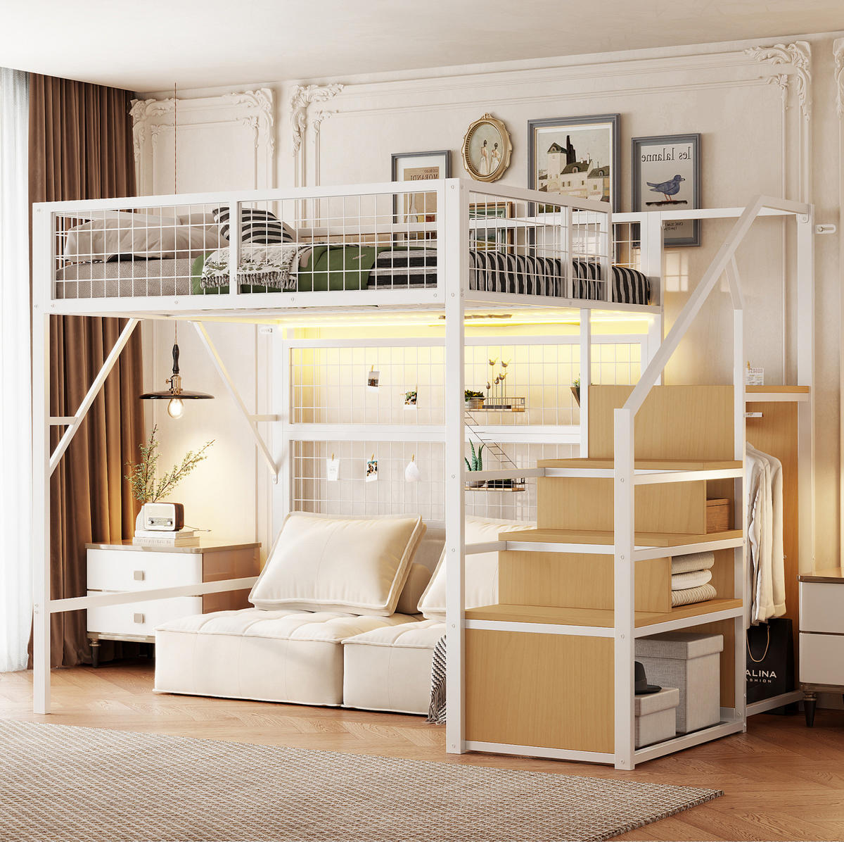 HOCHBETT 140/200 cm mit App-gesteuerter LED-Beleuchtung, Stauraumtreppe und offenem Kleiderschrank, Weiß - Weiß, Metall (140/200cm) - Redom