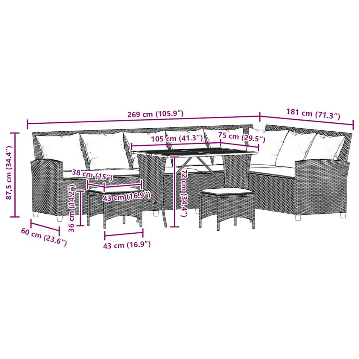 GARTEN-SOFAGARNITUR 4Er Set Mit Kissen L-Form Beige Poly Rattan - Hellgrau, Kunststoff - vidaXL