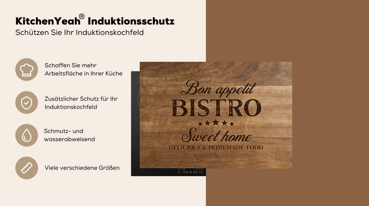 HERDABDECKPLATTE Zitat - Bistro - Guten Appetit - Süßes Zuhause - Holzmaserung 75x52 cm - Braun, Kunststoff (75/0.2/52cm) - MuchoWow