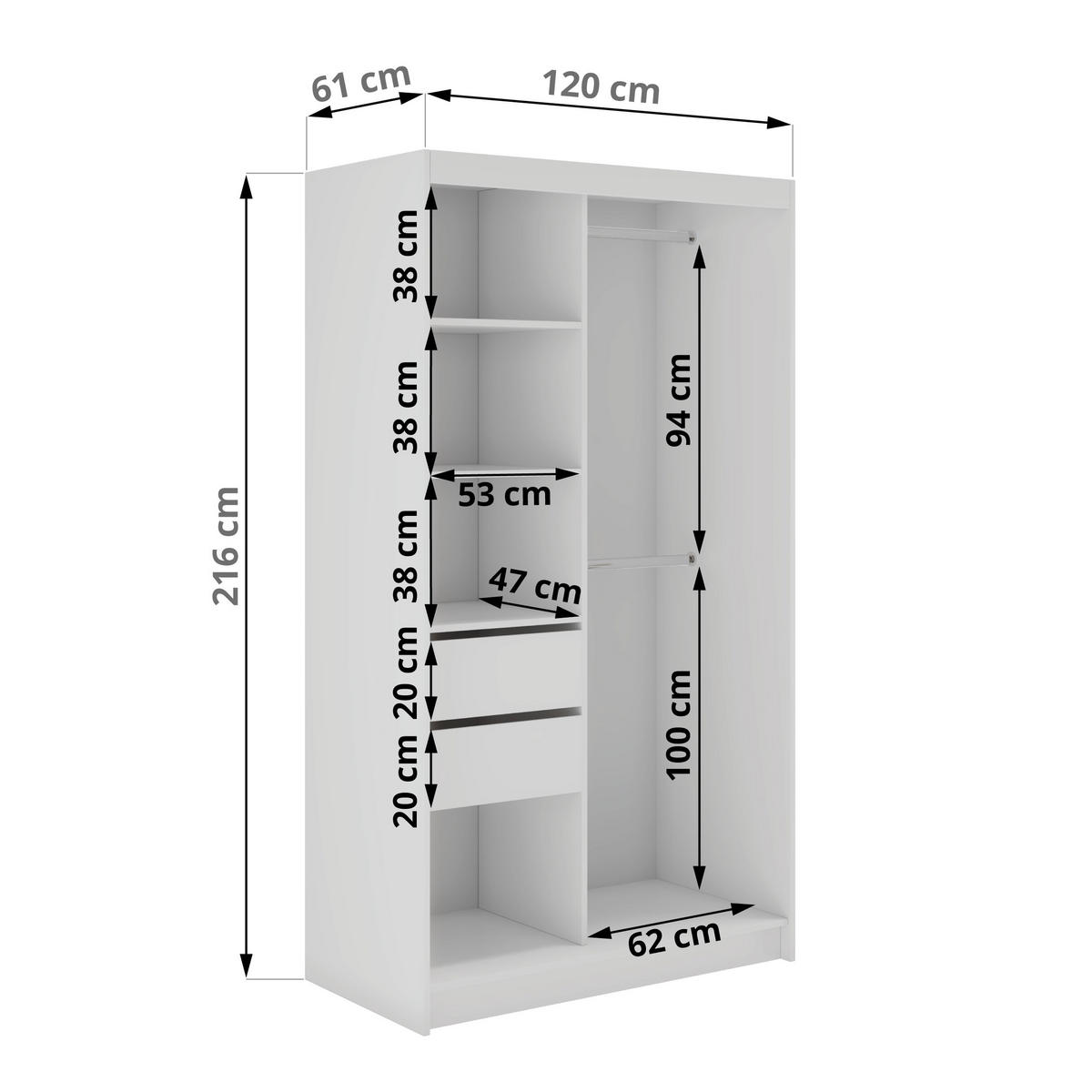SCHWEBETÜRENSCHRANK mit Spiegel und Schubladen - WALENCJA - 120 - Weiß lacobel - Alufarben/Weiß, Holzwerkstoff/Metall (120/216/61cm) - MKS