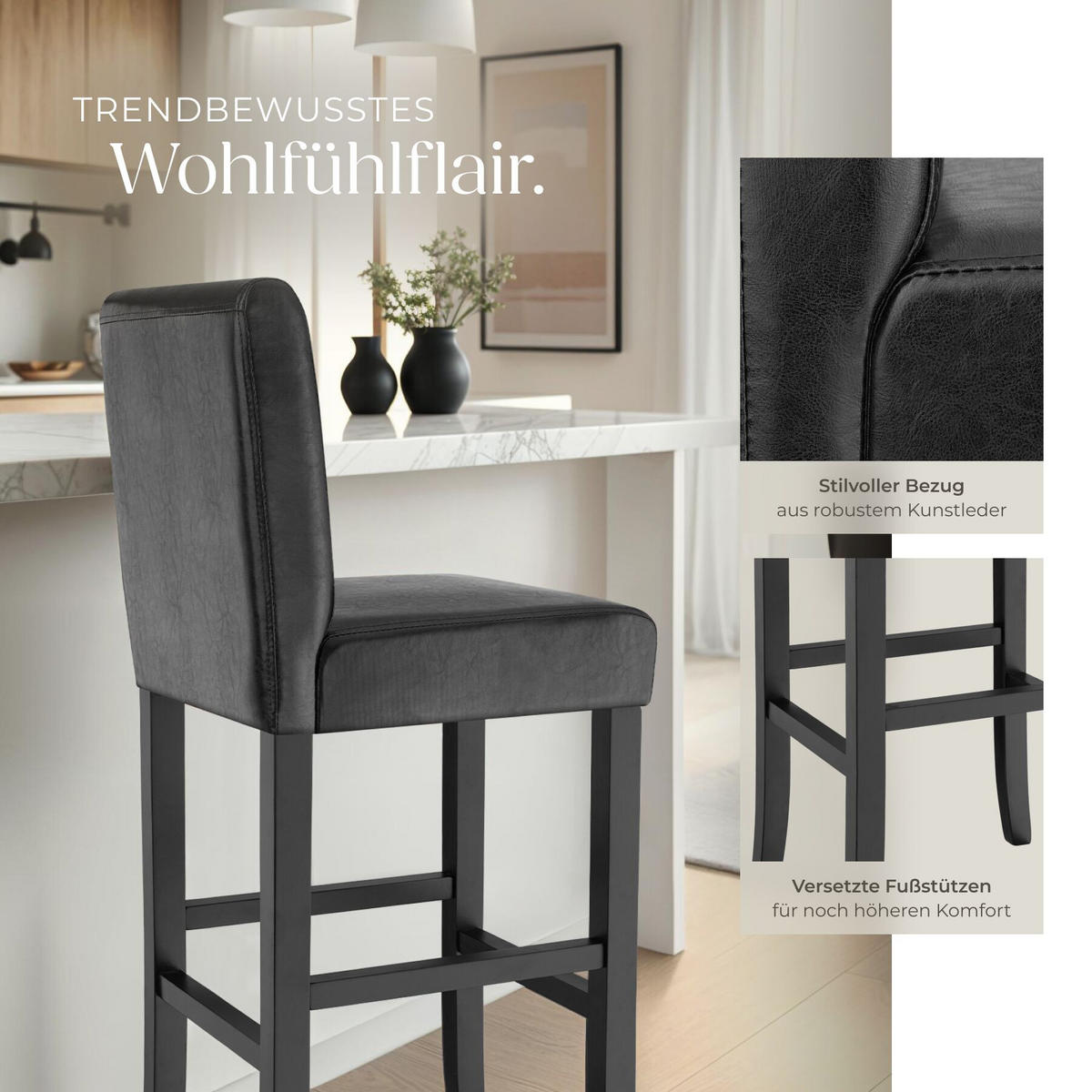 BARHOCKER 2er Set Kunstleder, Sitzhöhe 76 cm, antikbraun - Schwarz, Leder/Holz (40/107/41cm) - tectake