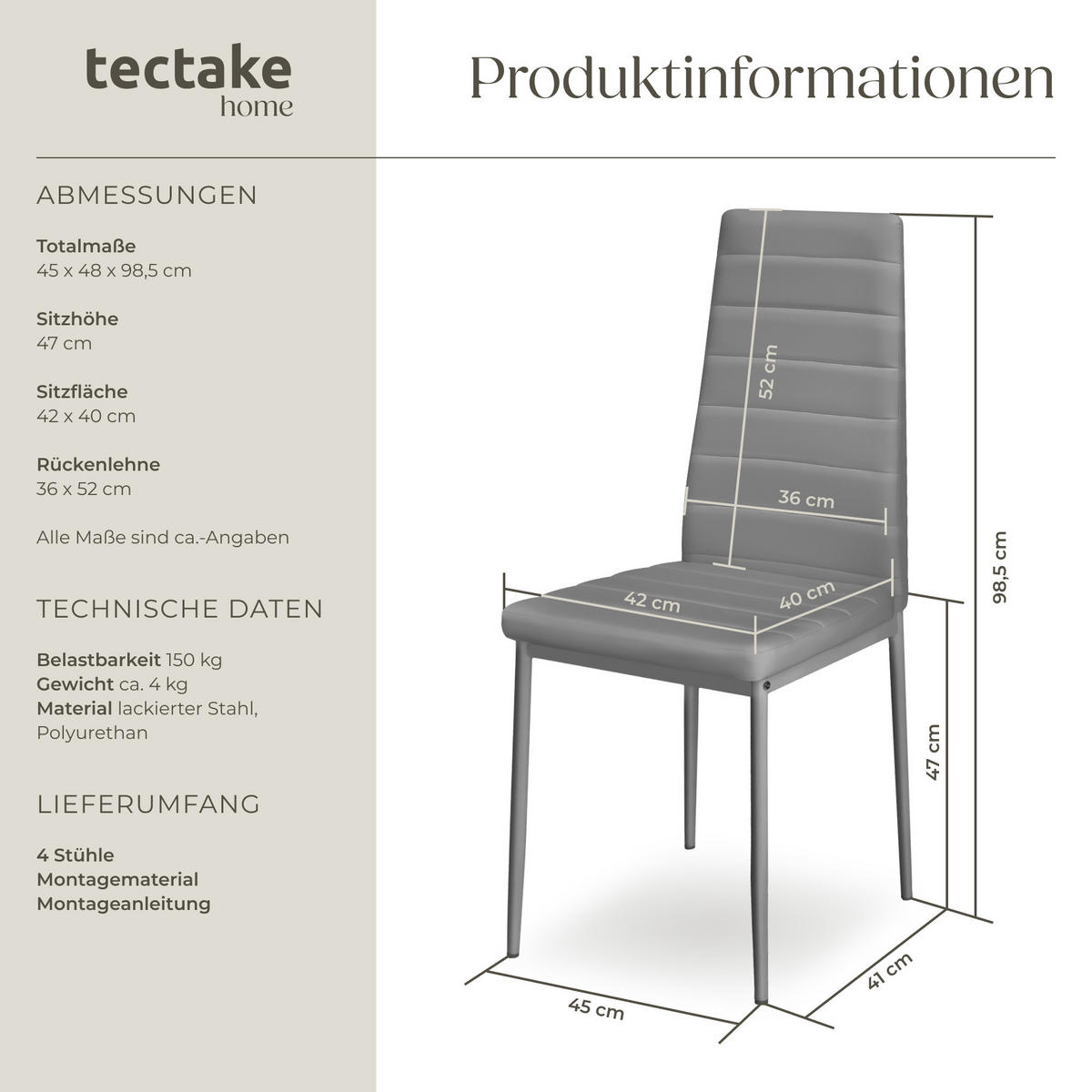 ESSZIMMERSTUHL 4er Set Thomas 41 x 45 x 98 5 cm grau - Grau, Textil (48/98.5/45cm) - tectake