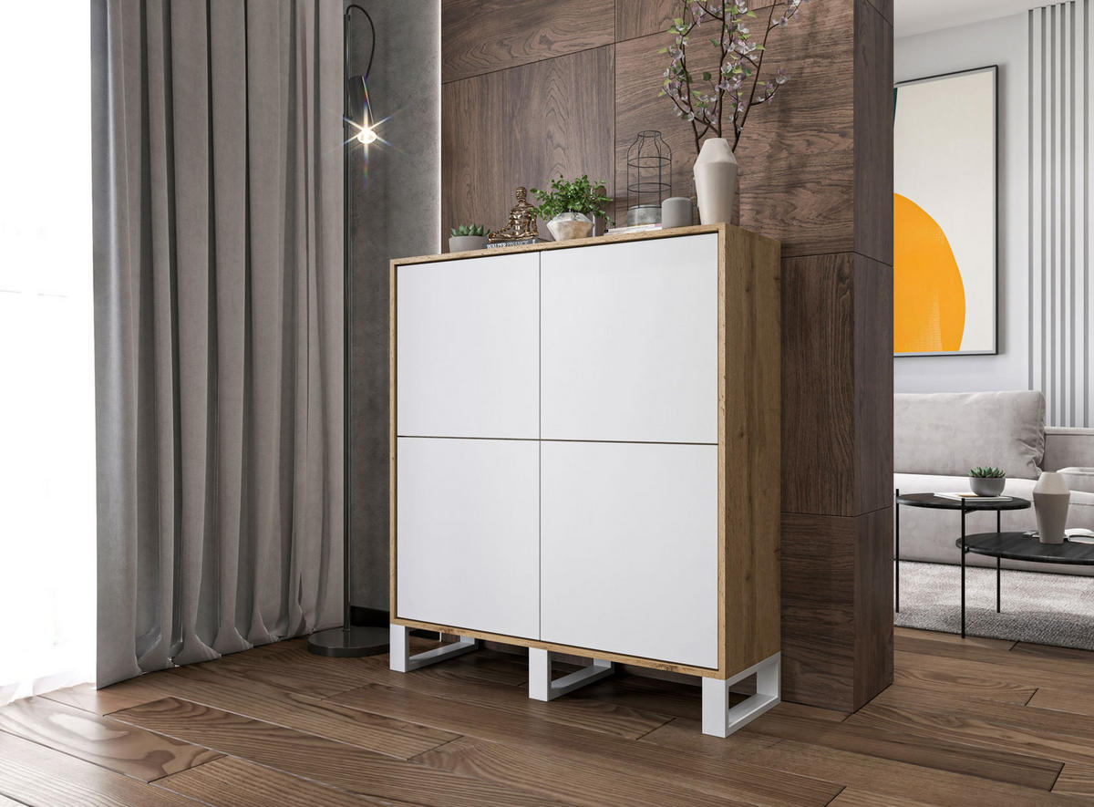 KOMMODE Apollo 4D Eiche wotan Weiß Matt mit metallbeinen 113 cm - Weiß, Holzwerkstoff/Metall (113/127/35cm) - Meble Lindner