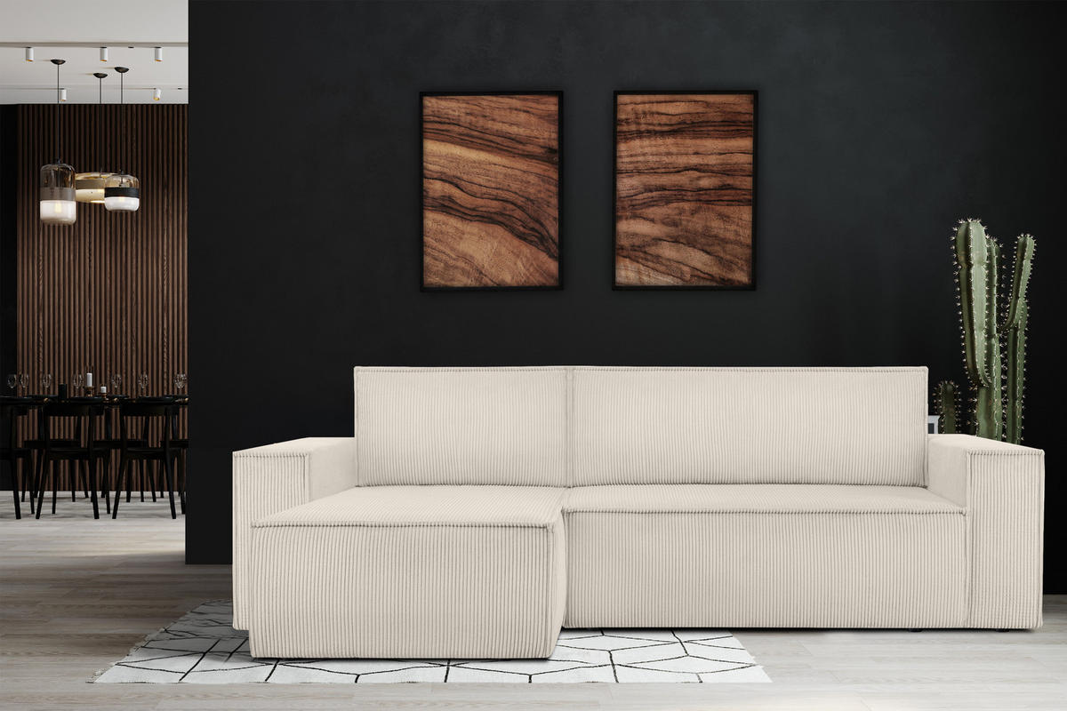 ECKSOFA-LINKS/RECHTS NAPI Schlaffunktion mit Cordbezug, beige - Ecru/Schwarz, Textil (262/148cm) - KONSIMO®