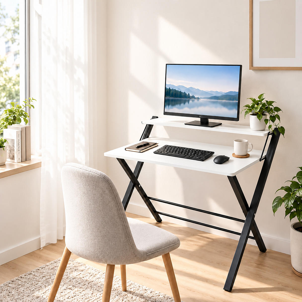 BIROU Negru pliabil cu suport monitor 70x56 cm - negru, compozit lemnos/metal (56/70/82cm) - Relaxdays