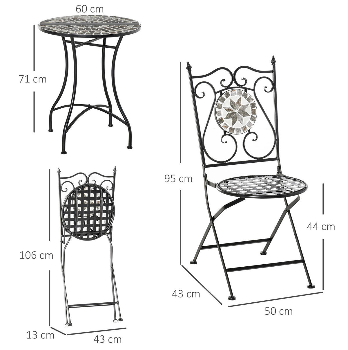GARTENSET aus Metall, Tisch Ø60x71 cm, Stühle 50x49x95 cm, Grau, mit Klappstühlen und Mosaikdetails - Grau, Metall - Modfu