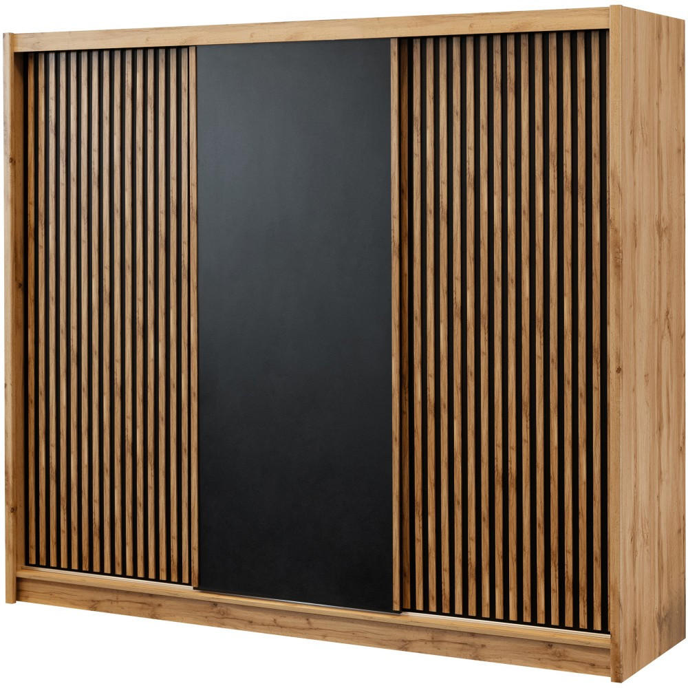 Beautysofa Schwebetürenschrank Schwarz, Eiche Wotan 250x215x60.5 cm