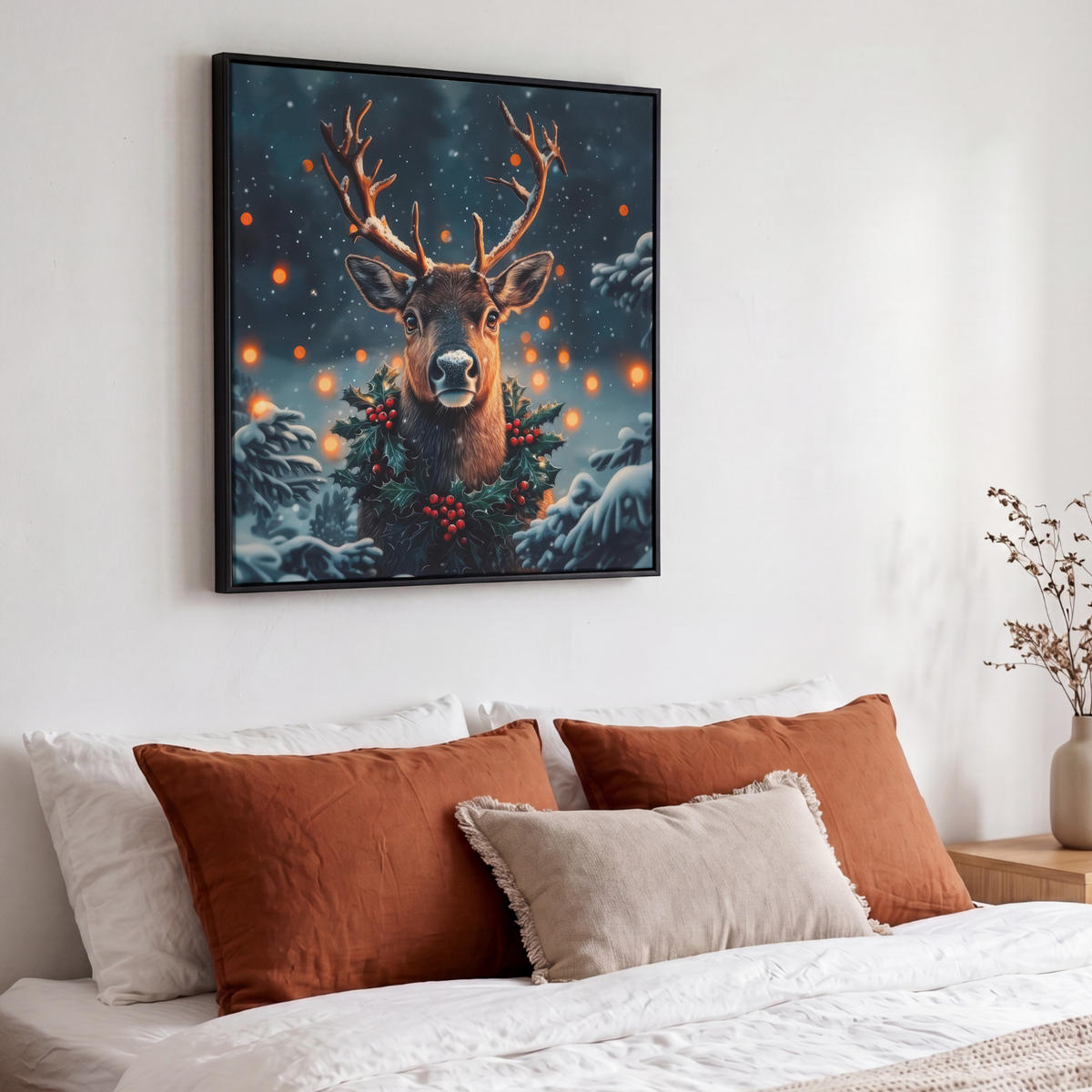 LEINWAND Bilder mit Rahmen - Hirsch - Weihnachten - Winter - Schnee - Weihnachtskranz - 50x50 - Dunkelbraun, Textil (50/50cm) - MuchoWow