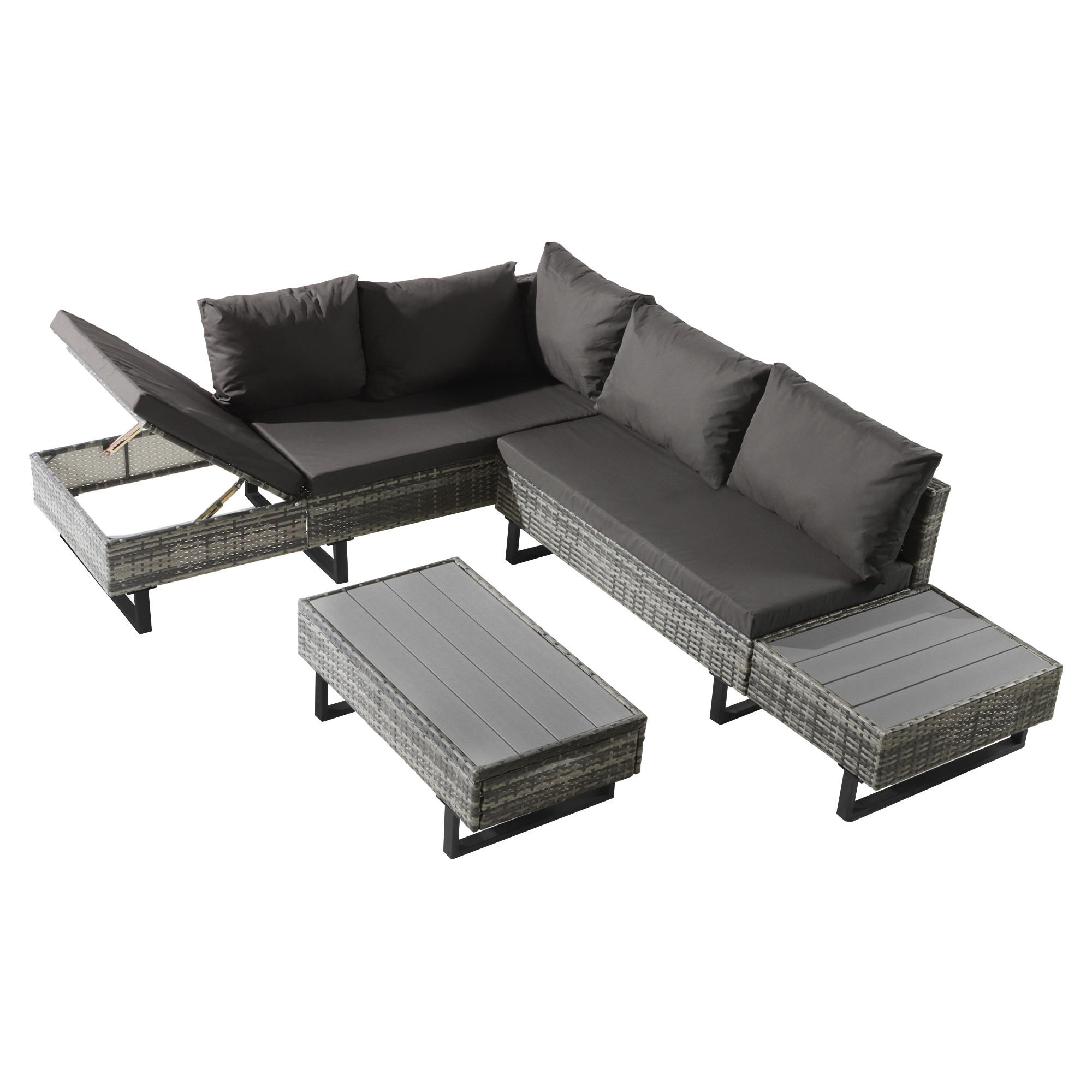 LOUNGESET 4-5 Personen Grau Poly Rattan Mit Abnehmbarem Bezug - Grau, Metall - FLIEKS
