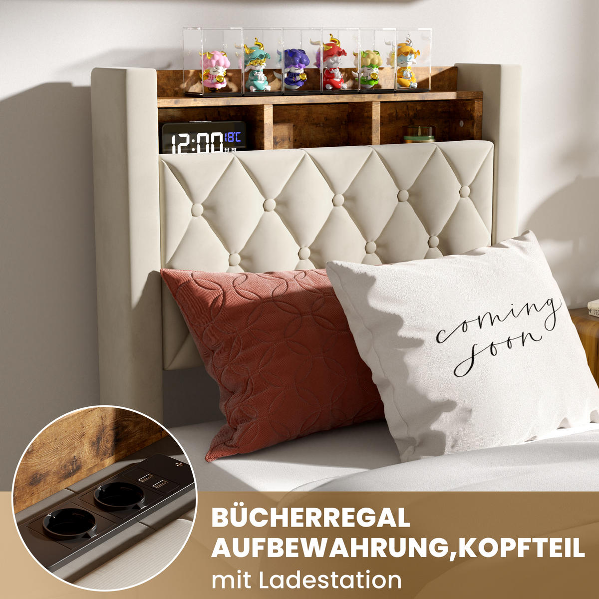 POLSTERBETT 90/190 cm Beige mit LED-Lichtleiste und USB-Anschlüssen - Beige, Holzwerkstoff (90/190cm) - OKWISH