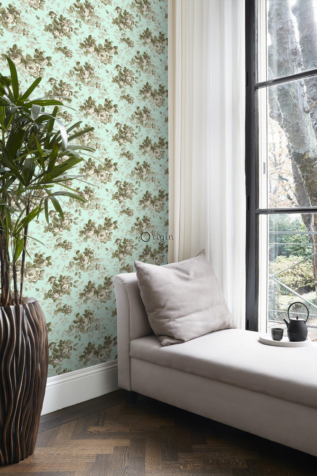 TAPETE Rosen 53 cm x 10.05 m - Grün, Papier (53/1000cm) - Origin Wallcoverings