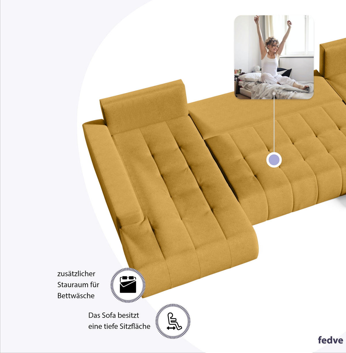 WOHNLANDSCHAFT mit Schlaffunktion Dhaka U, Honig - Honig, Textil (185/85/350cm) - Fedve