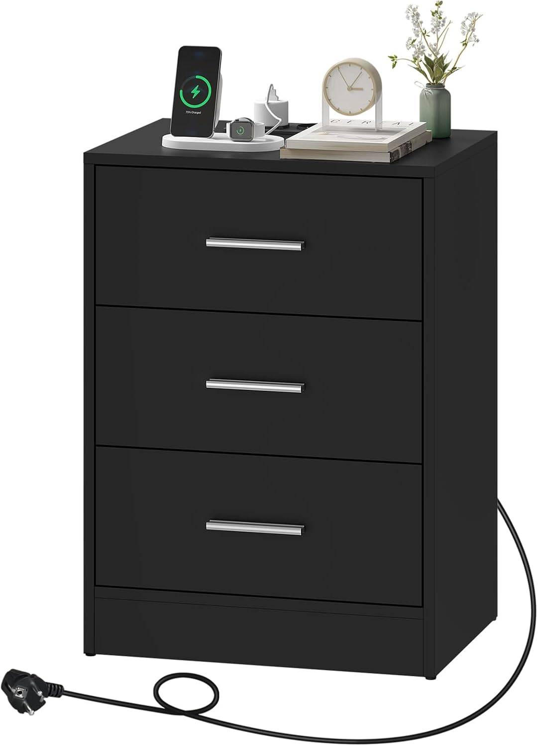 NACHTTISCH, Beistelltisch mit Ladefunktion, Schwarz - Schwarz, Holzwerkstoff (39/54/28cm) - Woltu