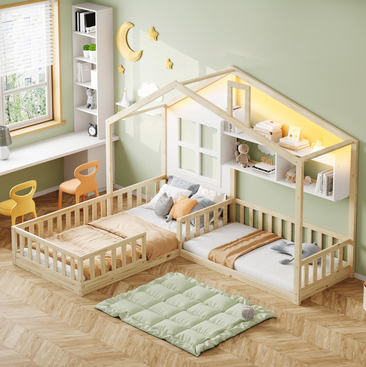 KINDERBETT 90/200 cm in Hausform mit Regalen, LED und Rausfallschutz - Naturfarben, Holz (90/200cm) - BEAOK