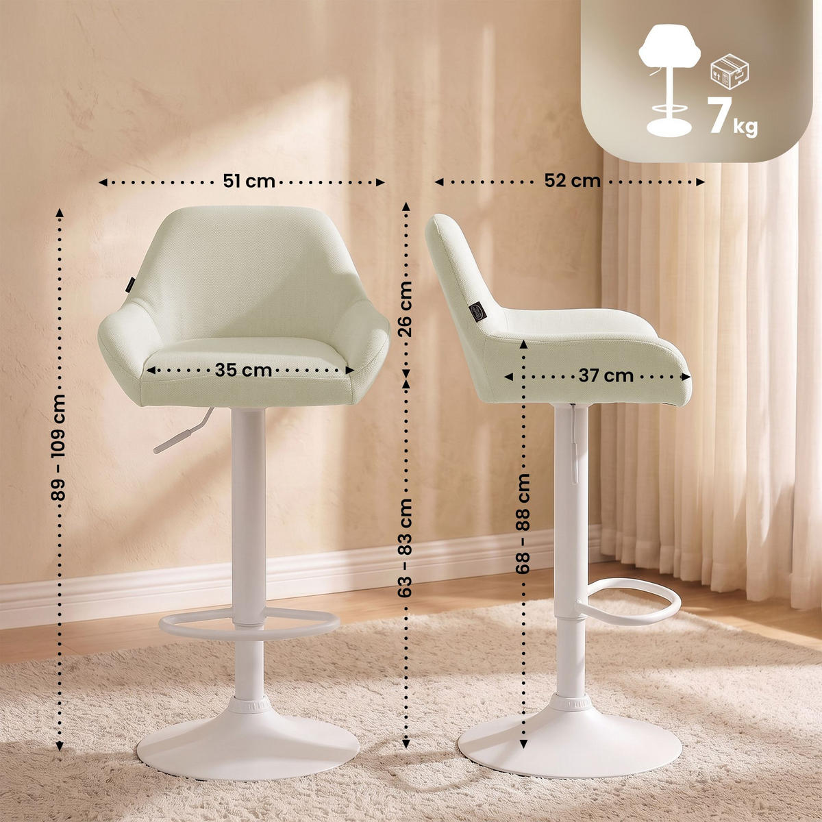 BARHOCKER 2er Set Stoff creme - Creme/Weiß, Textil/Metall (51/89/52cm) - CLP