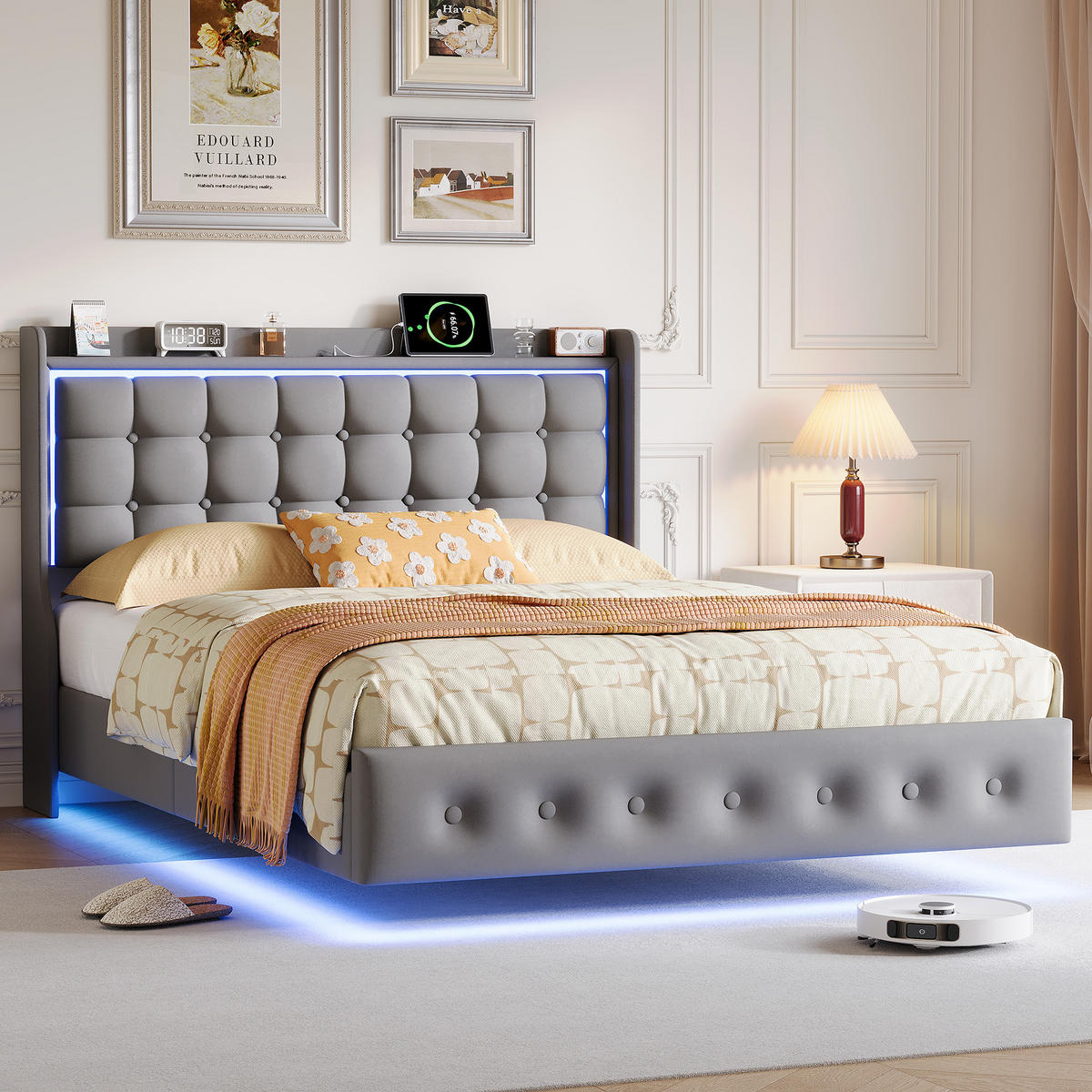 POLSTERBETT 140x200 cm Schwebebett mit LED & USB, Samtstoff Grau Doppelbett mit Lattenrost - Grau, Metall (140/200cm) - EuroLiving