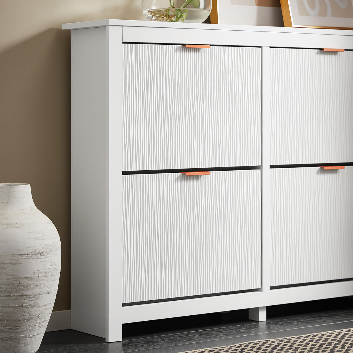 SCHUHSCHRANK Weiß, Schuhkipper mit 4 Klappen, 104x82x23cm - Weiß, Holzwerkstoff/Metall (104/82/23cm) - SoBuy