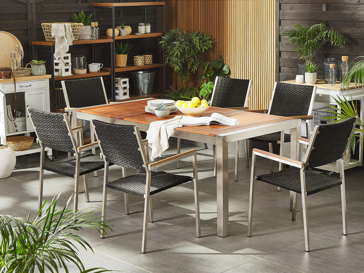 GARTENMÖBEL-SET 6-Sitzer Eukalyptusholz Rattan schwarz Grosseto - Hellbraun/Silberfarben, Holz - Beliani