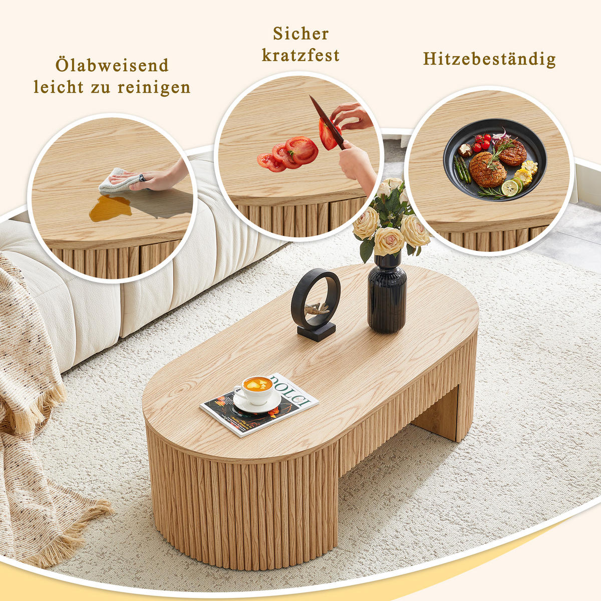 COUCHTISCH Oval Eichenoptik mit Schublade & Fluted Design - Naturfarben, Holzwerkstoff (54/105/38cm) - Urban Meuble