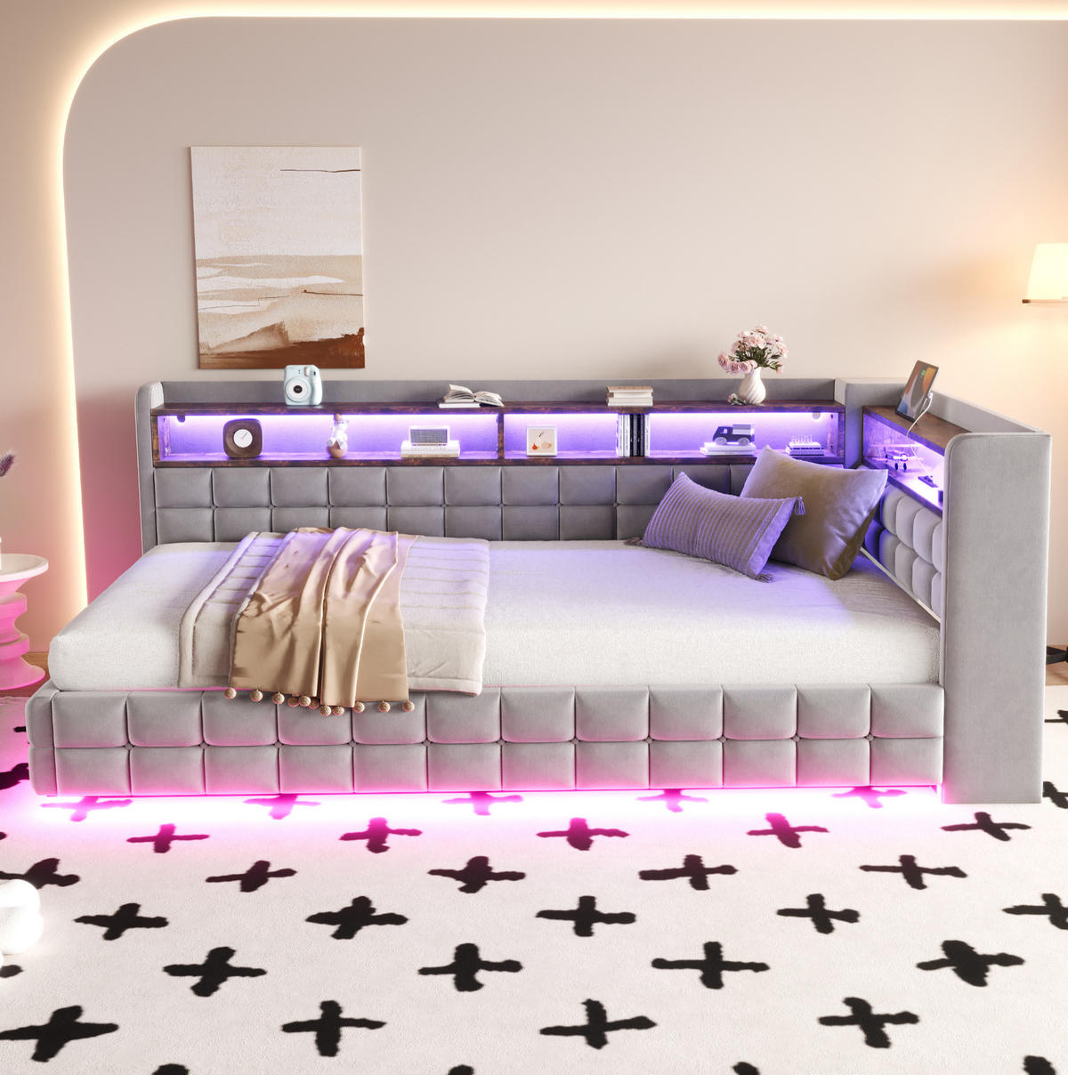 SCHLAFSOFA 90x200 cm in Hellgrau mit Stauraum, LED-Beleuchtung und Ladeanschlüssen - Hellgrau, Textil (90/200cm) - IVMEU
