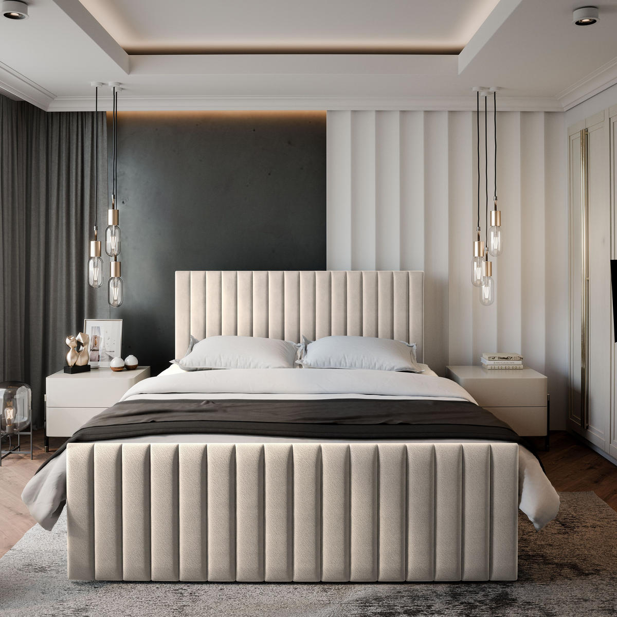 BOXBETT ARION 140x200 cm mit Matratze und Topper, H2+H3 - Beige - Beige, Holz (140/200cm) - MASSENO