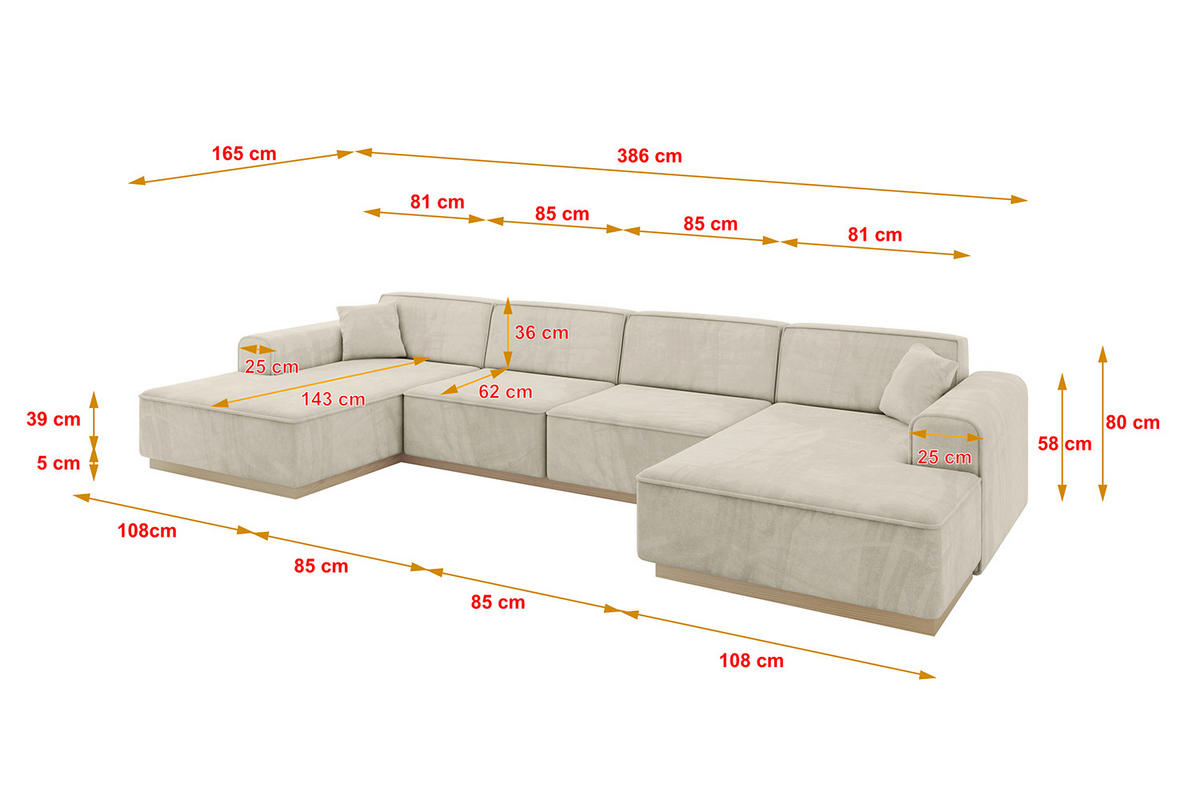 SEDACÍ SOUPRAVA ve tvaru U IREA-U2 386x165x80 Béžová Velur - černá/ecru, kompozitní dřevo/textil (388/83/171cm) - ALTDECOR