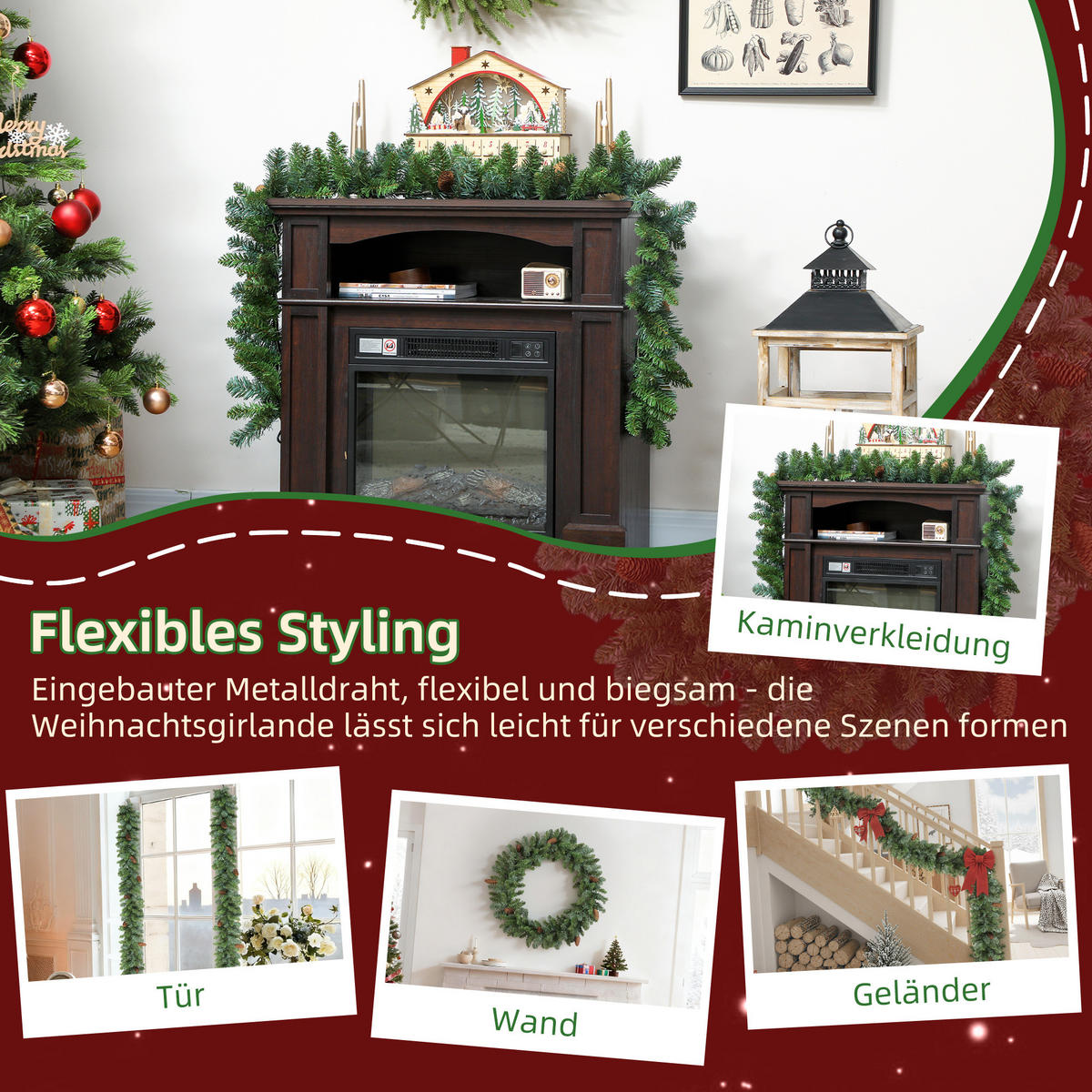 1,8 m künstliche Weihnachtsgirlande Blumendekoration mit Spitzen Tannenzapfen - Grün, Kunststoff (180cm) - HOMCOM
