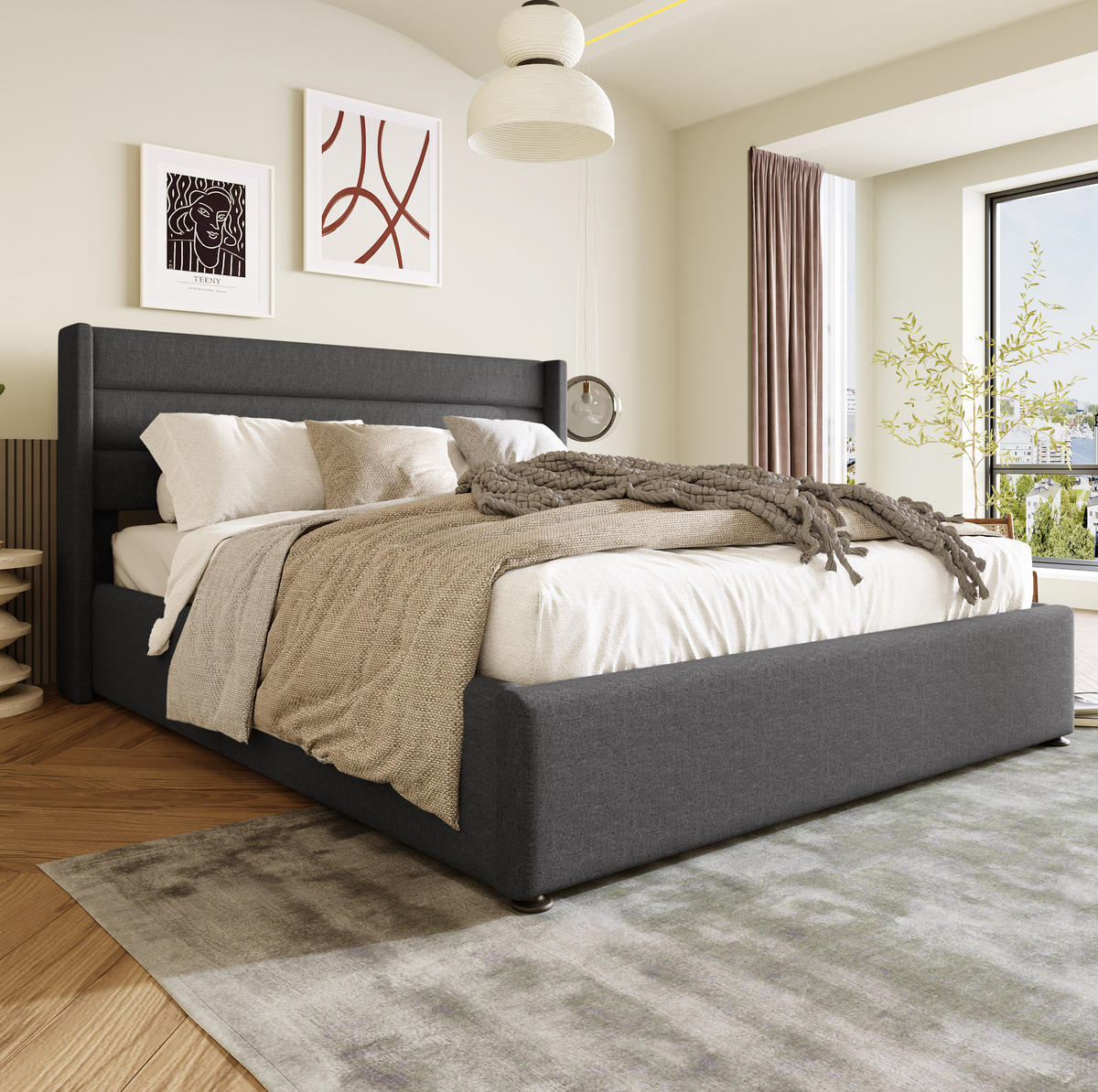 BETT mit Bettkasten 140x200 cm Leinen Grey - Grau, Metall (140/200cm) - Meubliv