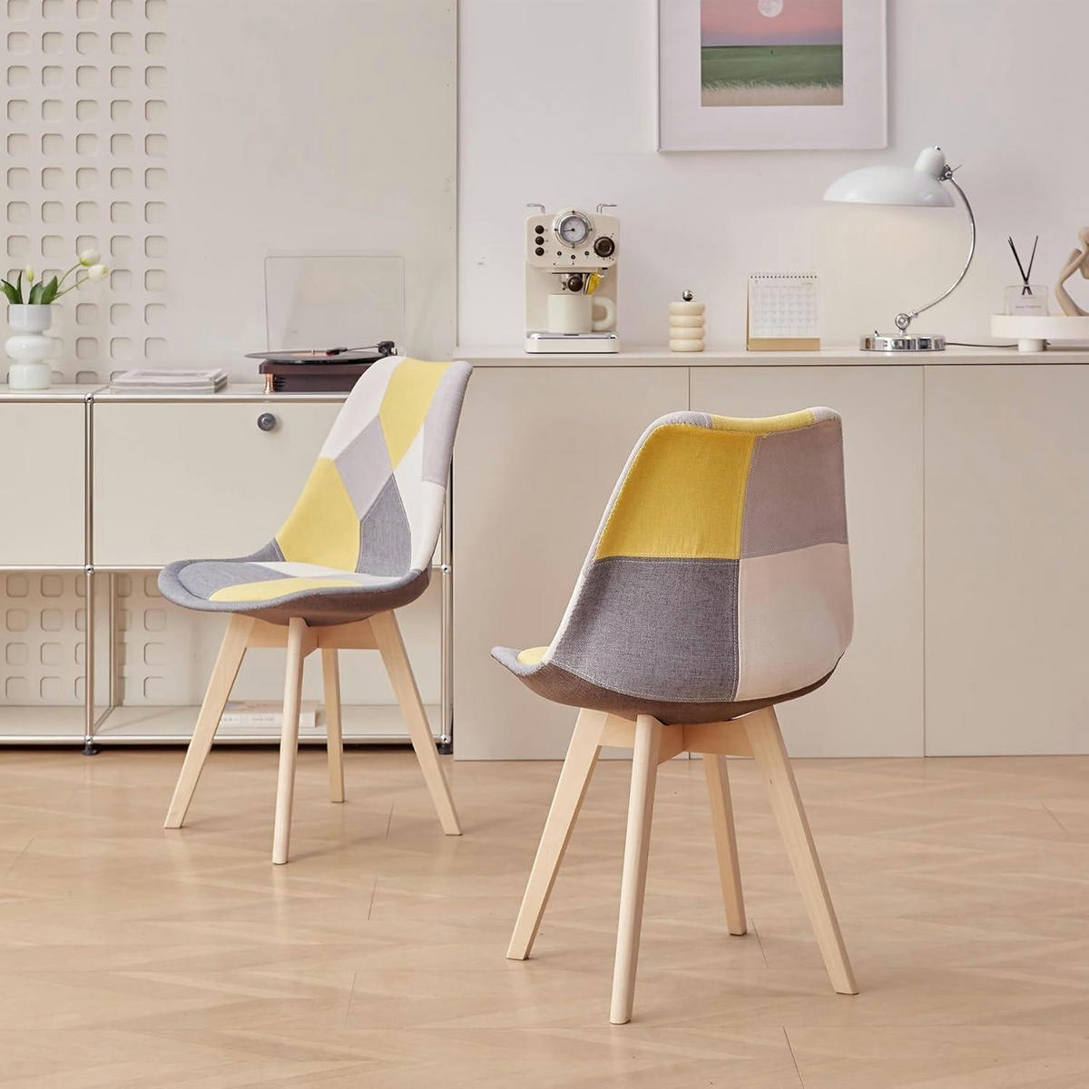 ESSZIMMERSTUHL 2-teiliges Set Patchwork Gelb Massivholzbeine - Multicolor, Textil (49/83/42cm)