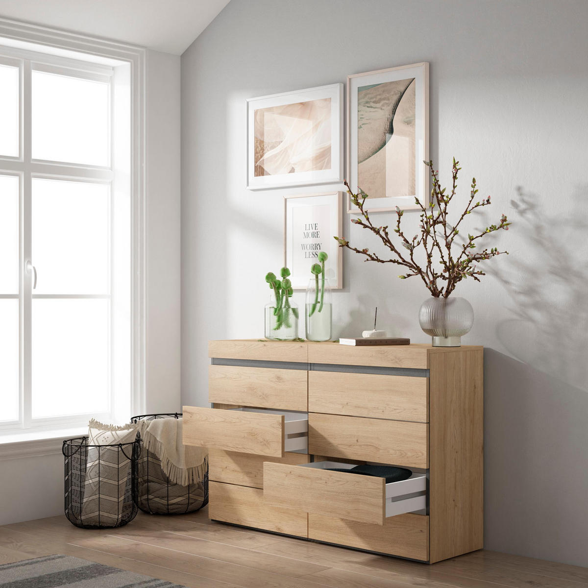 KOMMODE mit Schubladen, Sideboard Schrank, eiche, 114/35/75cm - Eichefarben, Holzwerkstoff (114/75/35cm) - Skraut Home