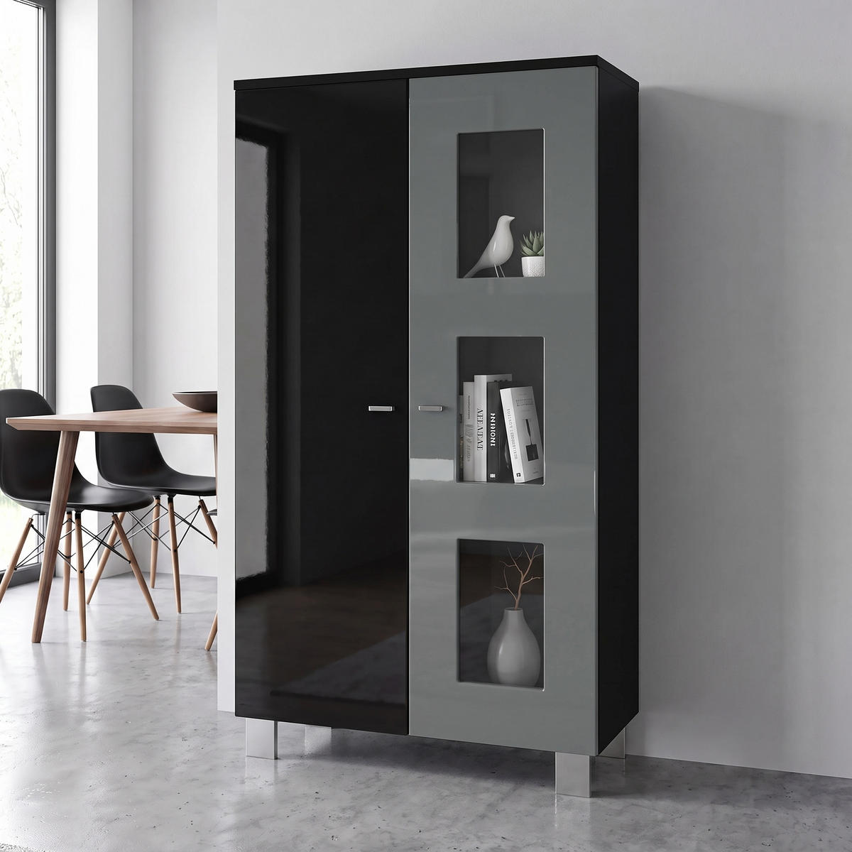 VITRINE Denjo Tür in Grau Hochglanz - Grau, Holzwerkstoff (71/129/35cm) - Vladon